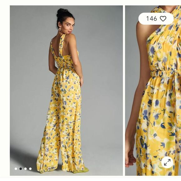 NWT Mac Duggal Ieena Yellow Crossed Halter Tie Waist Jumpsuit floral print Sz 6 - Picture 7 of 15